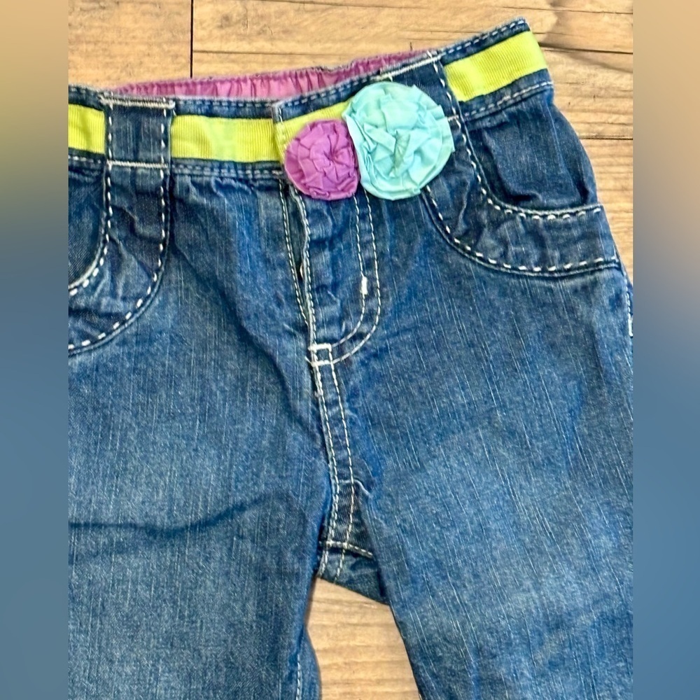 OshKosh Genuine Baby Soft Blue Jeans Girls 6 Months Snap Fly Pink Accents - Picture 2 of 4